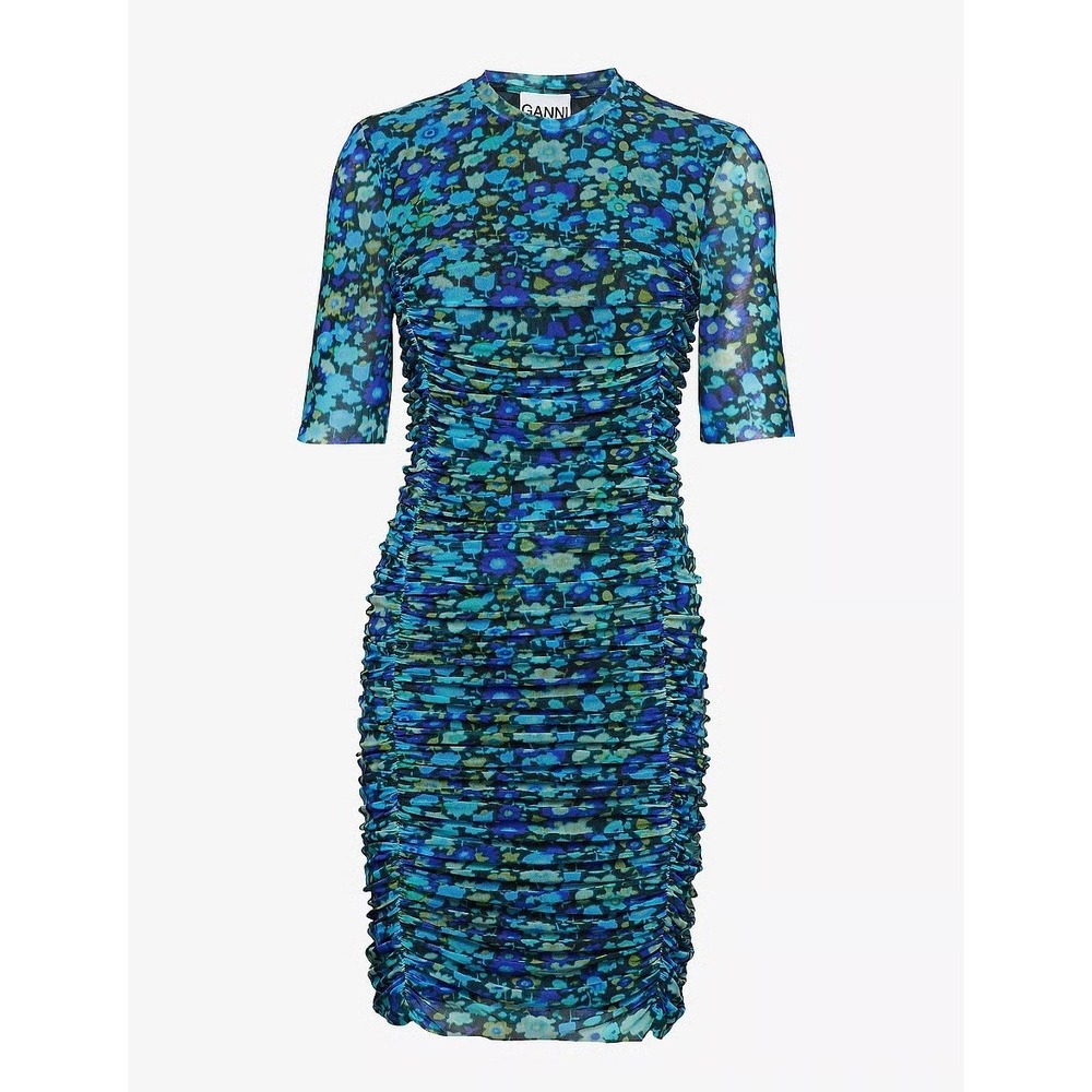 GANNI Floral Ruched Mesh Bodycon Mini Dress In Azure Blue Sz US 2 Indie Sleaze